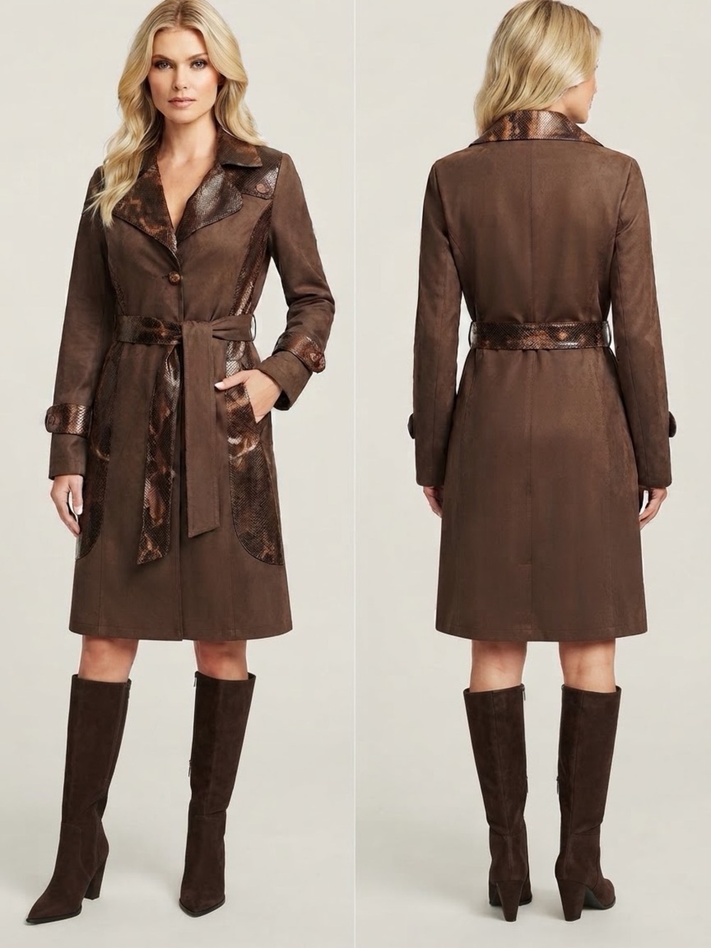 SALE🔥🔥NWT WOMEN TRENCH COAT LINED BELTED COAT ANIMAL PRINT VELOUR JACKET BROWN